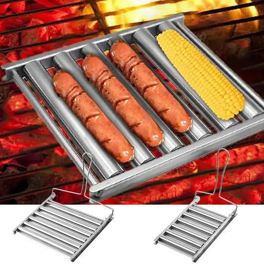 BBQ Hot Dog Griller Barbecue Sausage Grilling Rack Roller Stainless